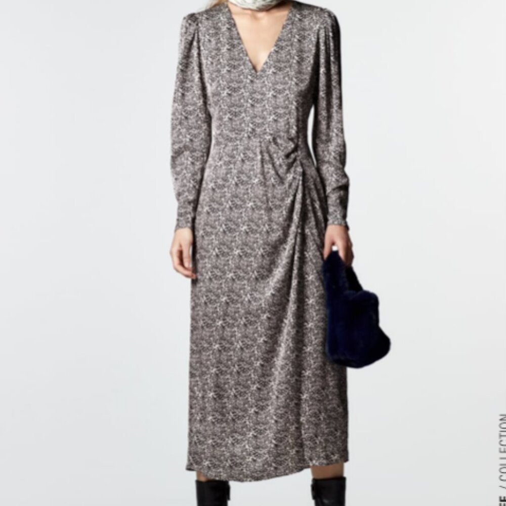 Zara Black and White Midi Dress Abstract Geo Print Long Sleeve M Minimalist